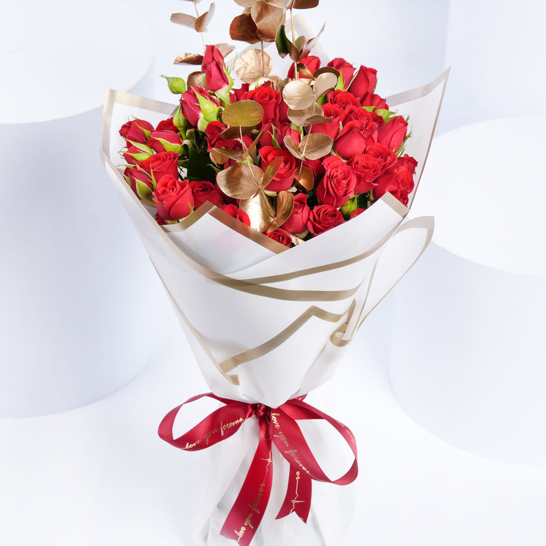 Elegant Live Bouquet with Red Roses and Gold Eucalyptus
