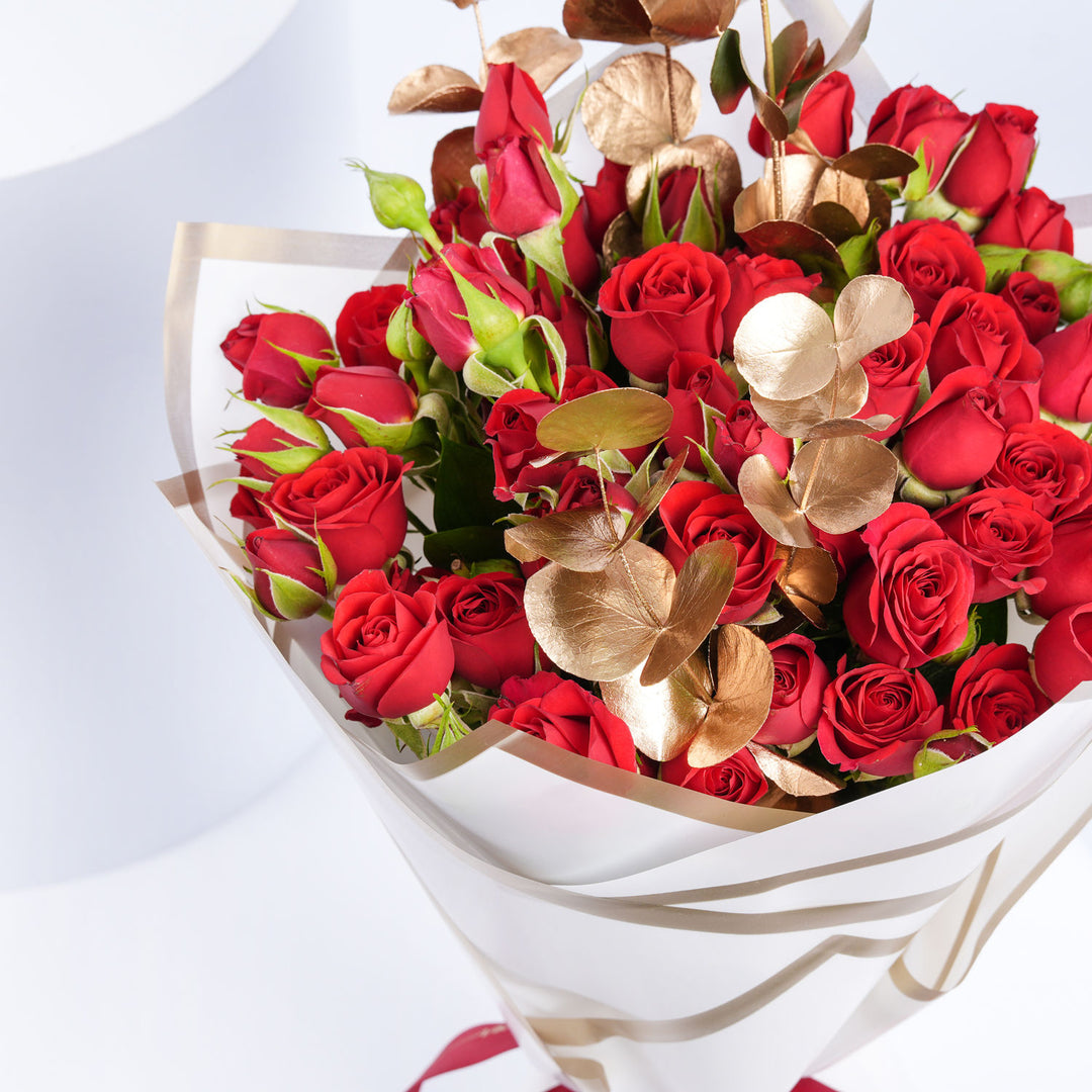 Elegant Live Bouquet with Red Roses and Gold Eucalyptus
