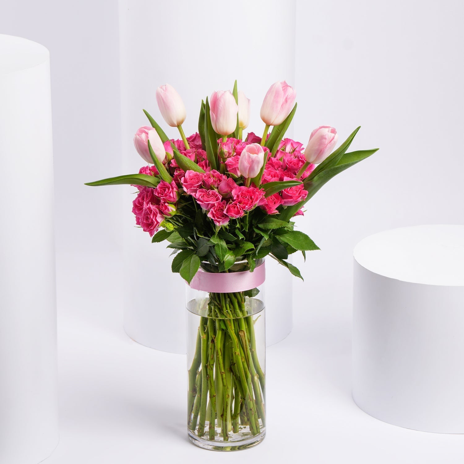 Elegant Pink Tulip & Baby Rose In Vase