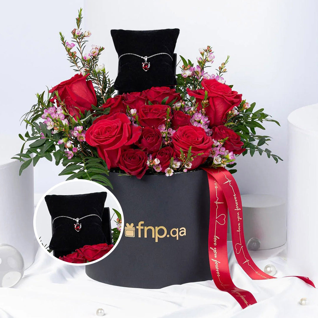 Luxurious Rose Box with Radiant Heart Silver Necklace