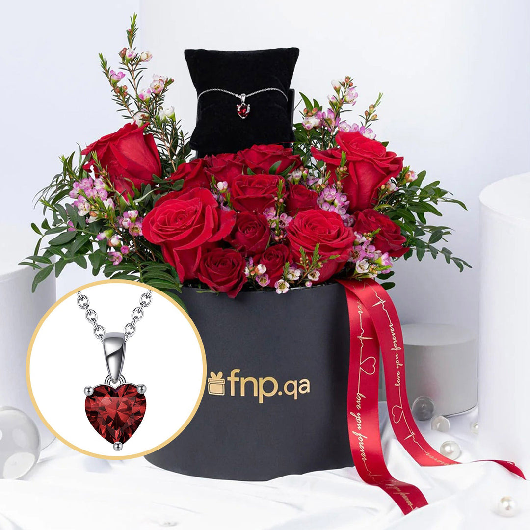Luxurious Rose Box with Radiant Heart Silver Necklace