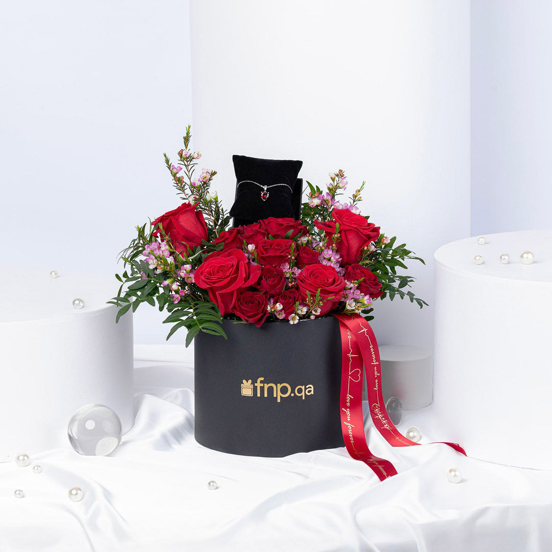 Luxurious Rose Box with Radiant Heart Silver Necklace