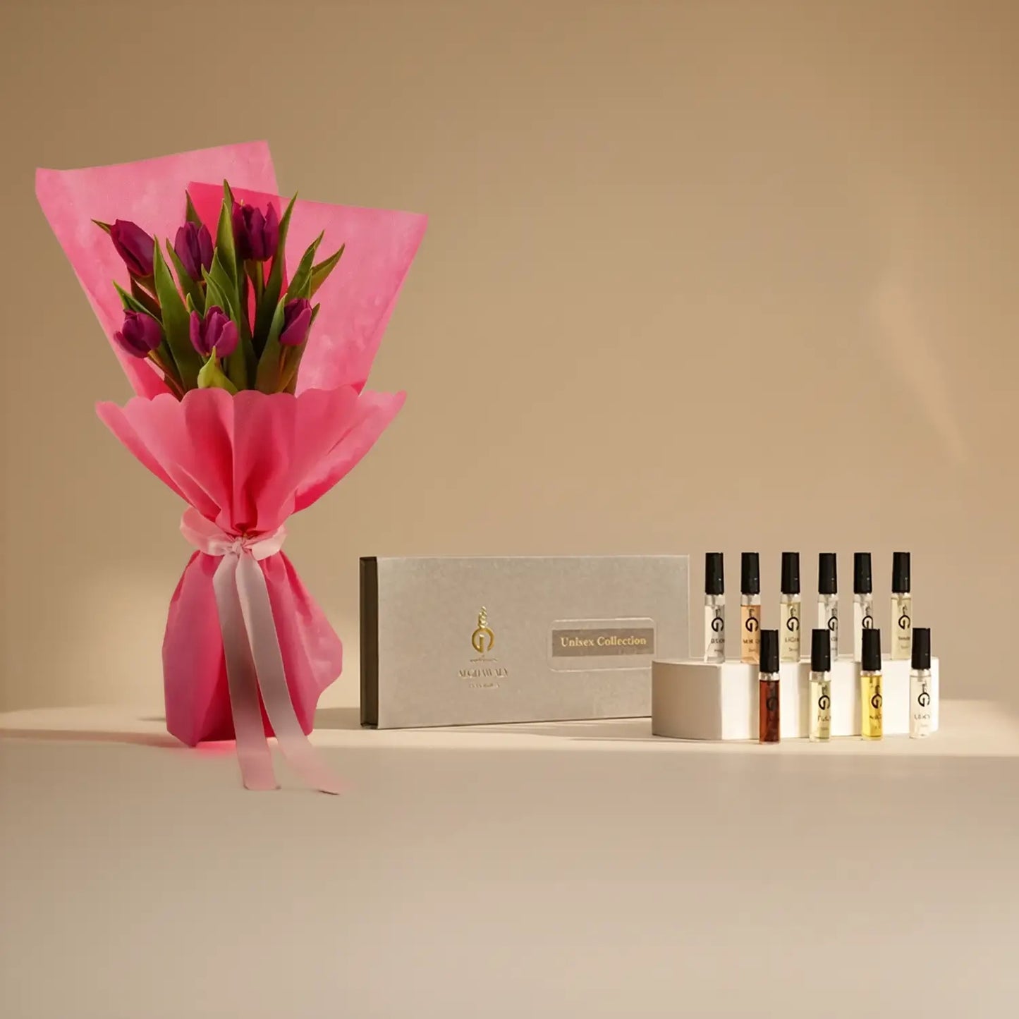 Luxurious Pink Tulips Bouquet with Alghawaly Unisex Perfume Set