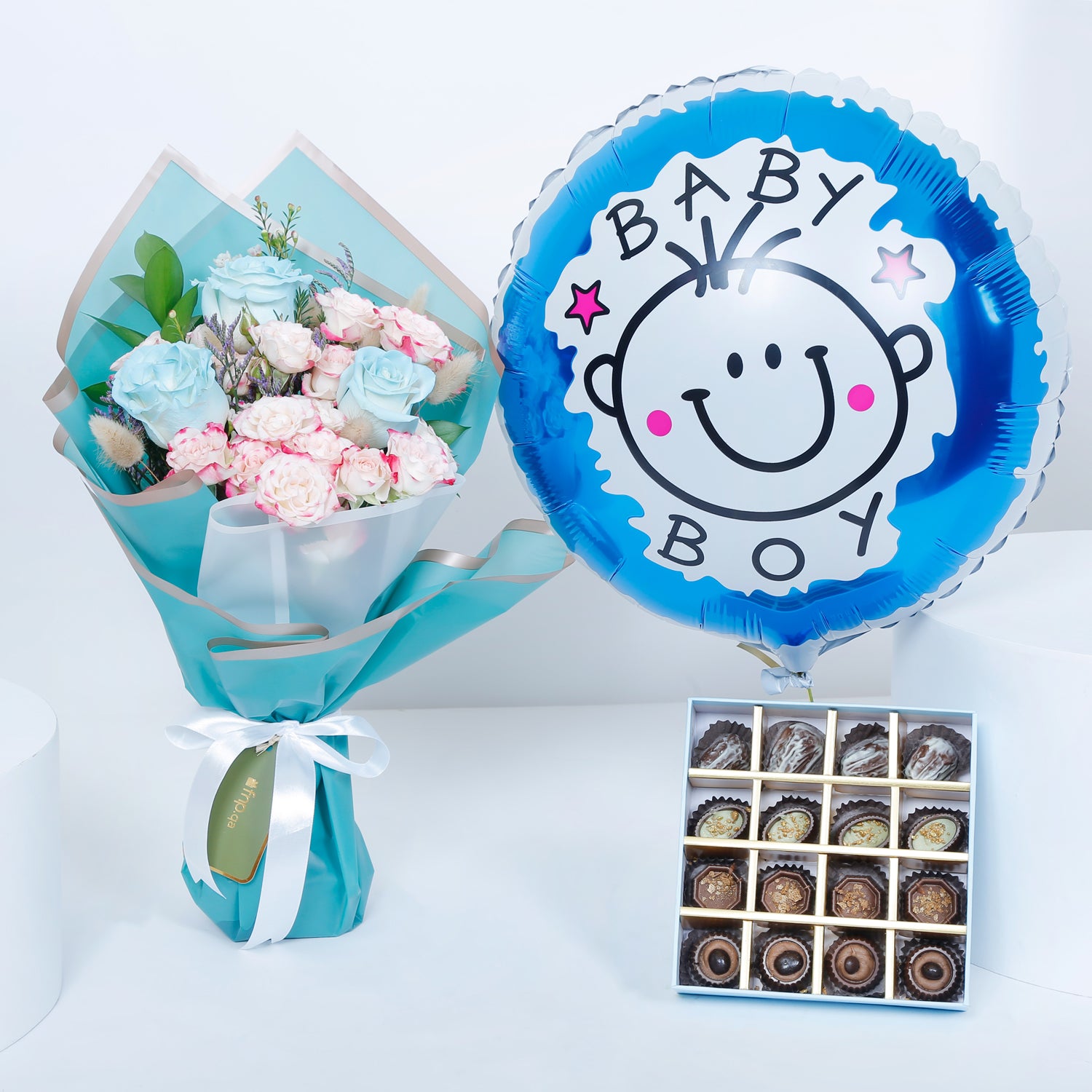 Empire Chocolate | Baby Blue Box 16 Pcs N Bouquet N Baby Boy Balloon