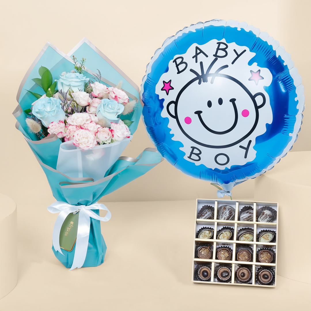 Empire Chocolate Gift Set: Baby Blue Box with Bouquet & Baby Boy Balloon