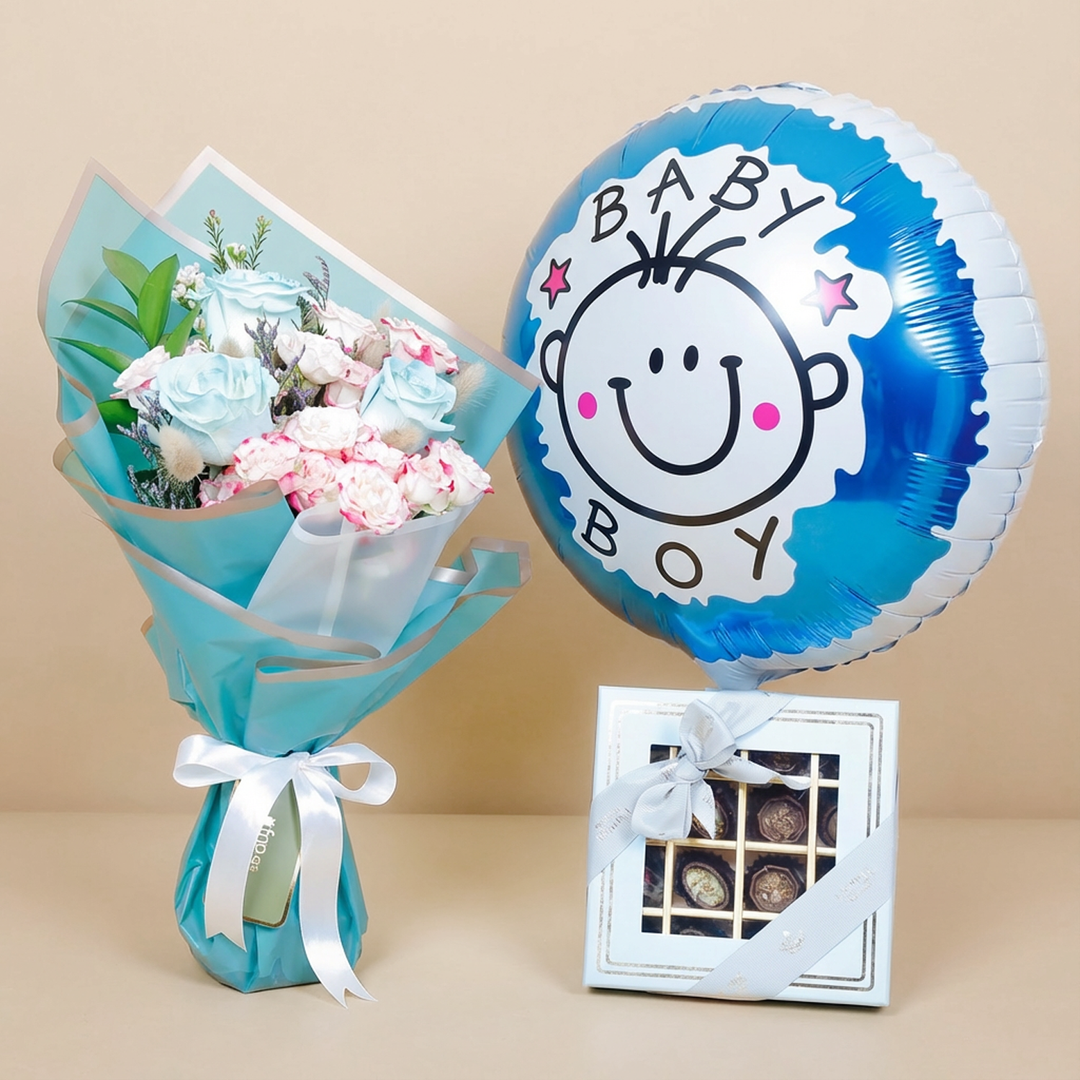 Empire Chocolate Gift Set: Baby Blue Box with Bouquet & Baby Boy Balloon