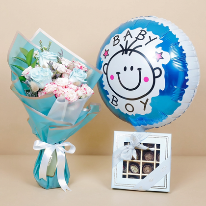 Empire Chocolate Gift Set: Baby Blue Box with Bouquet & Baby Boy Balloon