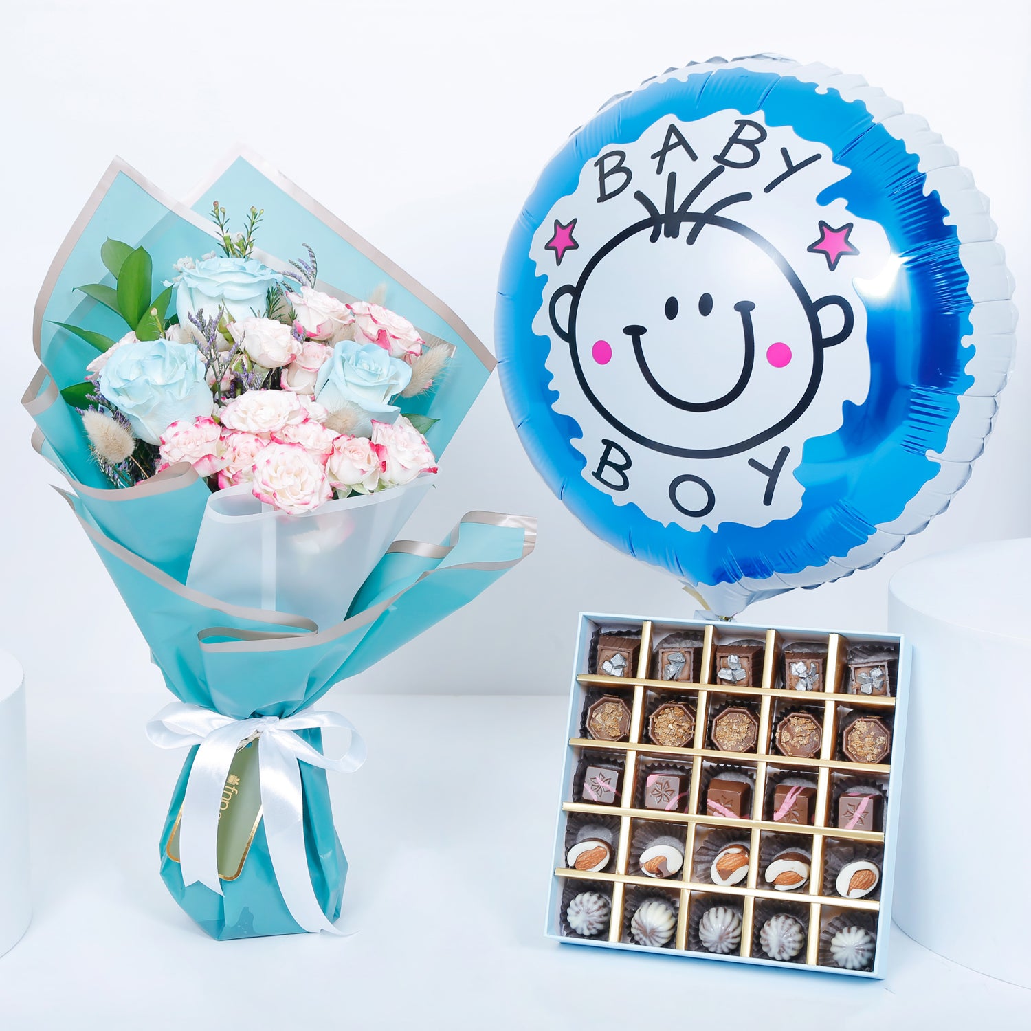 Empire Chocolate | Baby Blue Box 25 Pcs N Bouquet N Baby Boy Balloon
