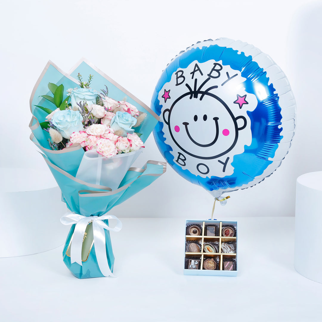 Empire Chocolate | Baby Blue Box 9 Pcs N Bouquet N Baby Boy Balloon