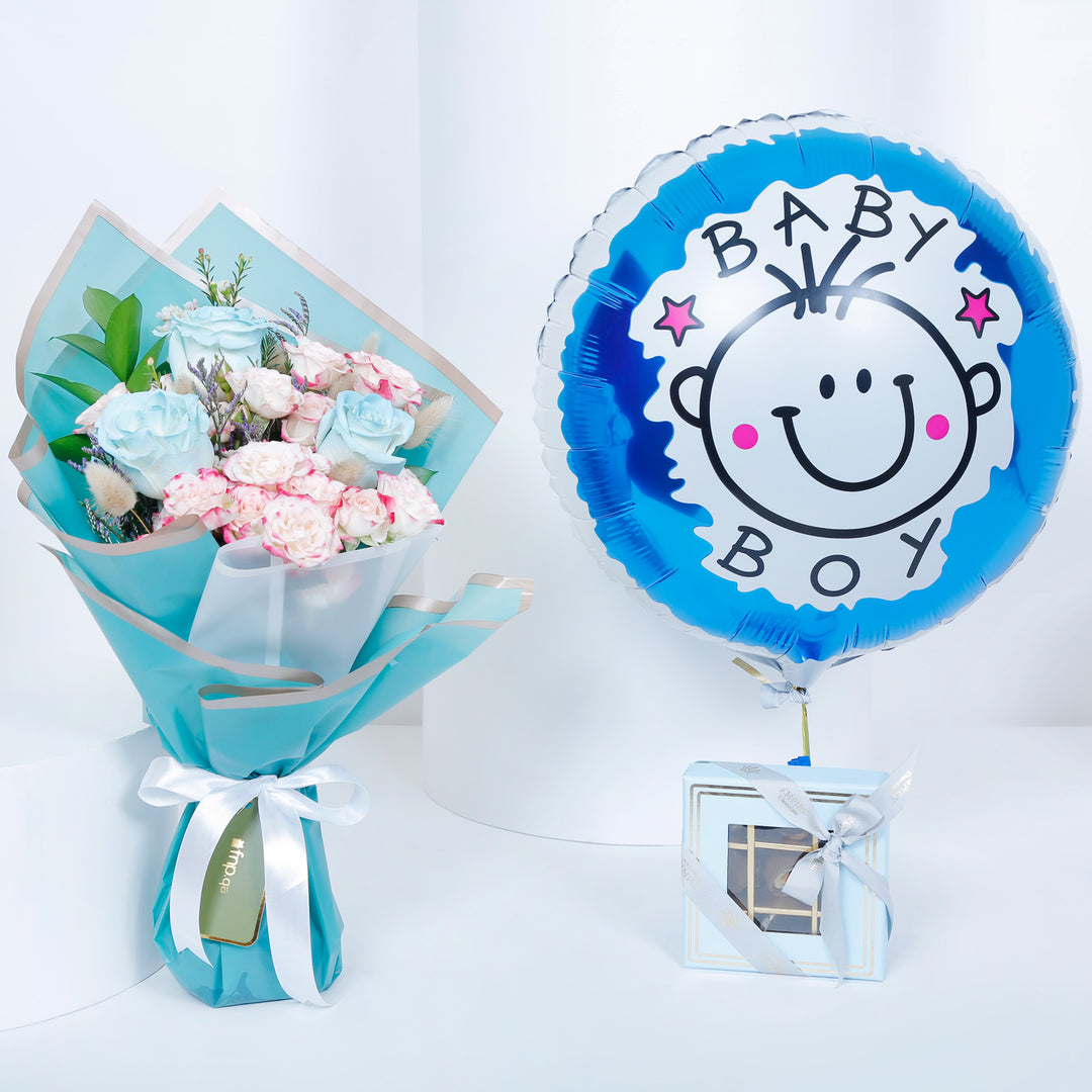 Empire Chocolate | Baby Blue Box 9 Pcs N Bouquet N Baby Boy Balloon