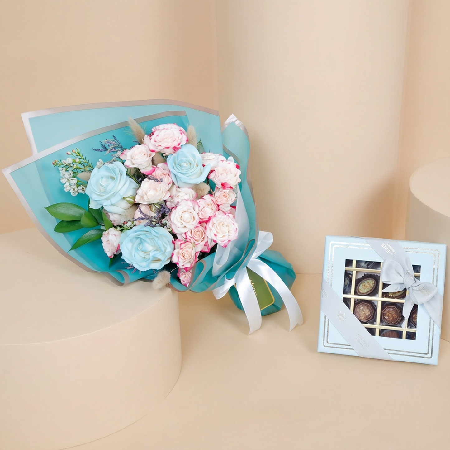 Empire Chocolate | Luxurious Baby Blue Chocolate Box with 16 Assorted Pieces & Elegant Hand Bouquet