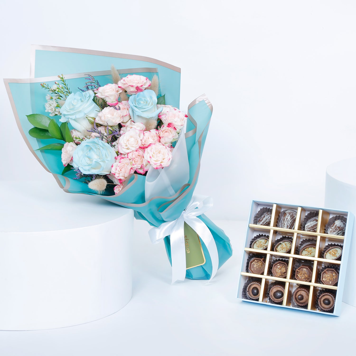 Empire Chocolate | Baby Blue Chocolate Box 16 Assorted Pieces & Hand Bouquet