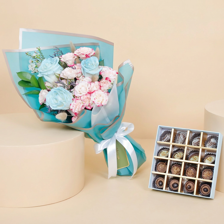 Empire Chocolate | Luxurious Baby Blue Chocolate Box with 16 Assorted Pieces & Elegant Hand Bouquet