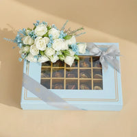 Empire Chocolate: Luxurious Baby Blue Gift Box with 35 Assorted Chocolates & Elegant White Rose Bouquet