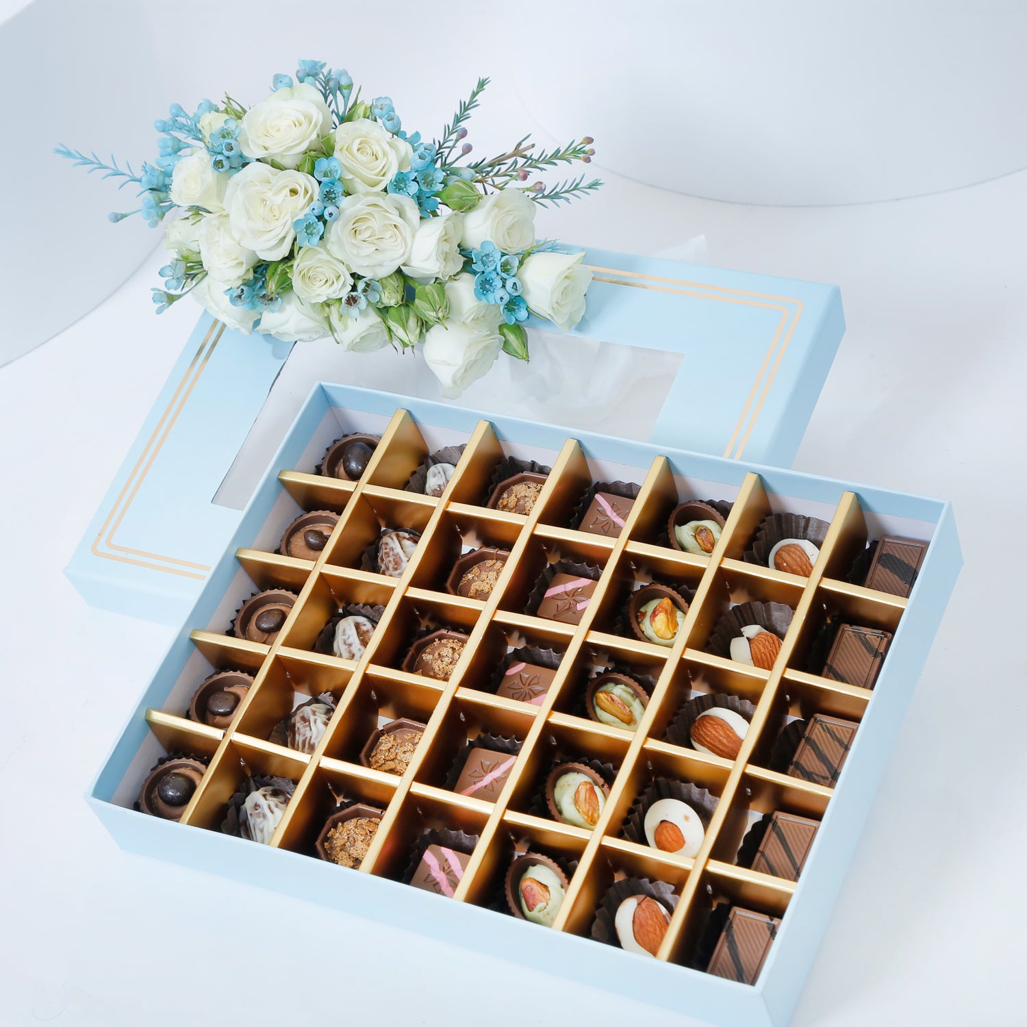 Empire Chocolate | Baby Blue Chocolate Box 35 Assorted Pieces & Baby Rose