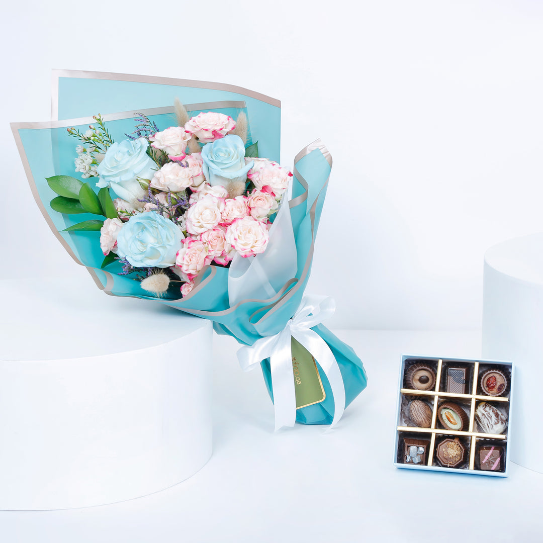 Empire Chocolate | Baby Blue Chocolate Box 9 Assorted Pieces & Hand Bouquet