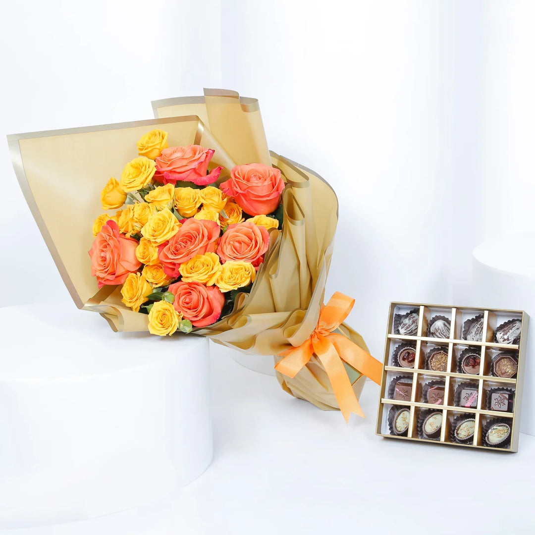 Luxury Gold Chocolate Box with 16 Assorted Pieces & Vibrant Hand Bouquet