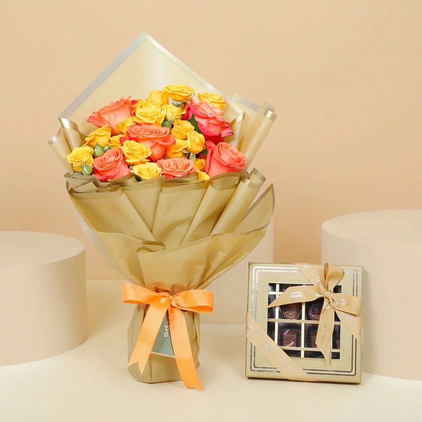 Luxury Gold Chocolate Box with 16 Assorted Pieces & Vibrant Hand Bouquet