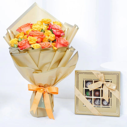 Luxury Gold Chocolate Box with 16 Assorted Pieces & Vibrant Hand Bouquet