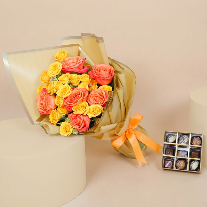 Empire Chocolate Gift Set | Luxurious Gold Chocolate Box with Assorted Delights & Vibrant Hand Bouquet