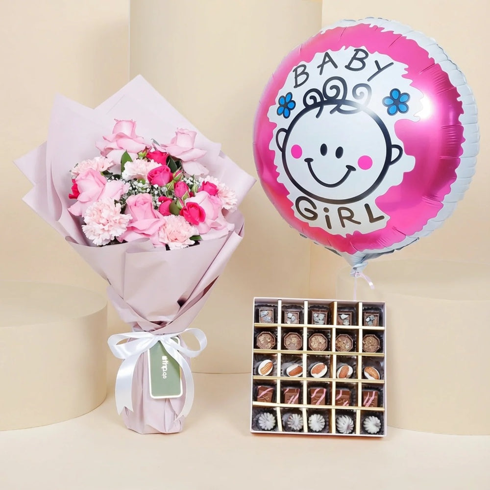 Empire Chocolate Gift Set: Pink Roses Bouquet, Assorted Chocolates, and Baby Girl Balloon