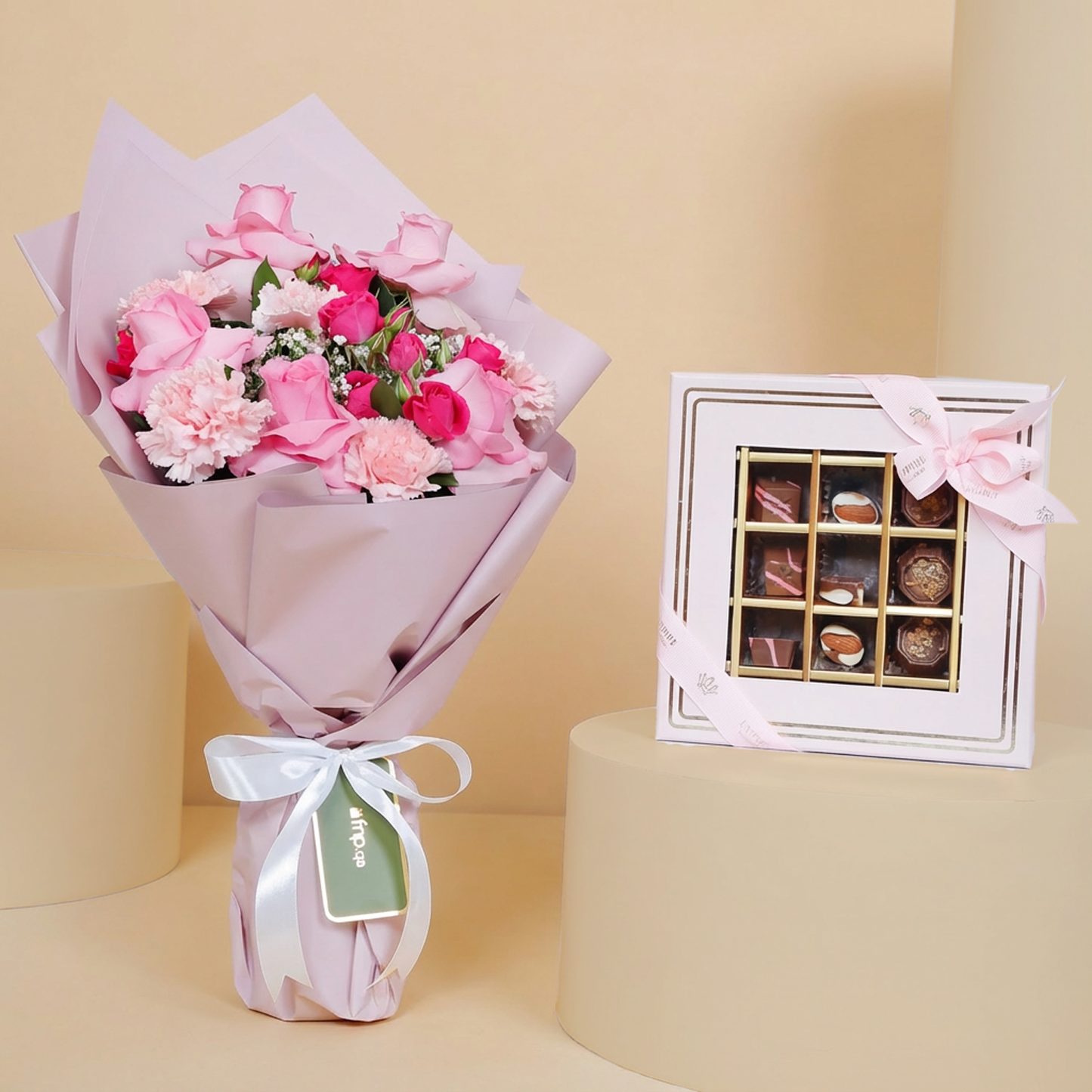 Empire Chocolate Pink Box: 25 Assorted Chocolates & Elegant Hand Bouquet