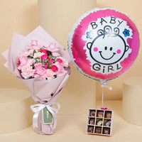 Deluxe Baby Girl Celebration Set: Pink Roses, Carnations, Chocolate Box & Balloon