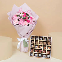 Empire Chocolate Pink Box: 25 Assorted Chocolates & Elegant Hand Bouquet