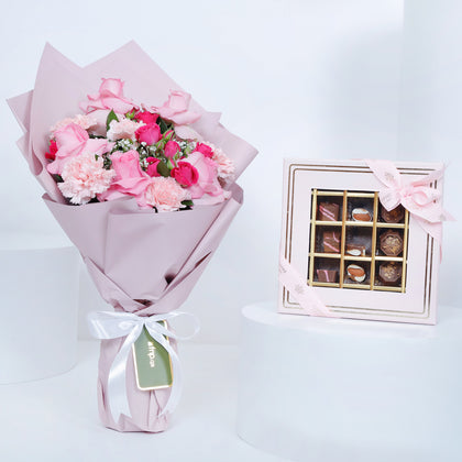 Empire Chocolate | Pink Chocolate Box 25 Assorted Pieces & Hand Bouquet