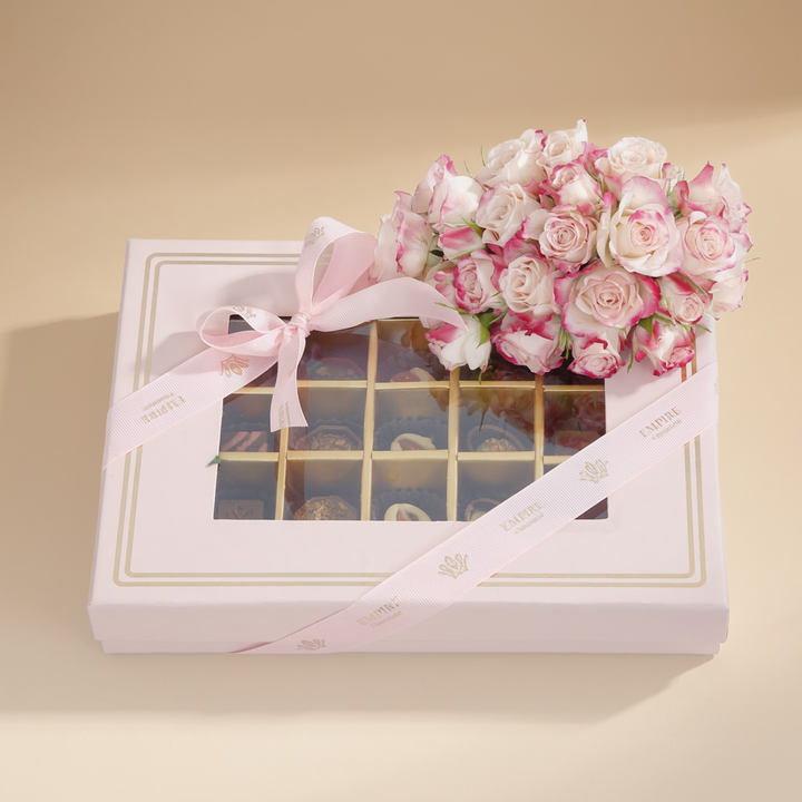 Empire Chocolate: Luxurious Pink Chocolate Box with 35 Assorted Pieces & Elegant Rose Bouquet