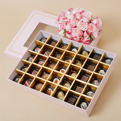 Empire Chocolate: Luxurious Pink Chocolate Box with 35 Assorted Pieces & Elegant Rose Bouquet