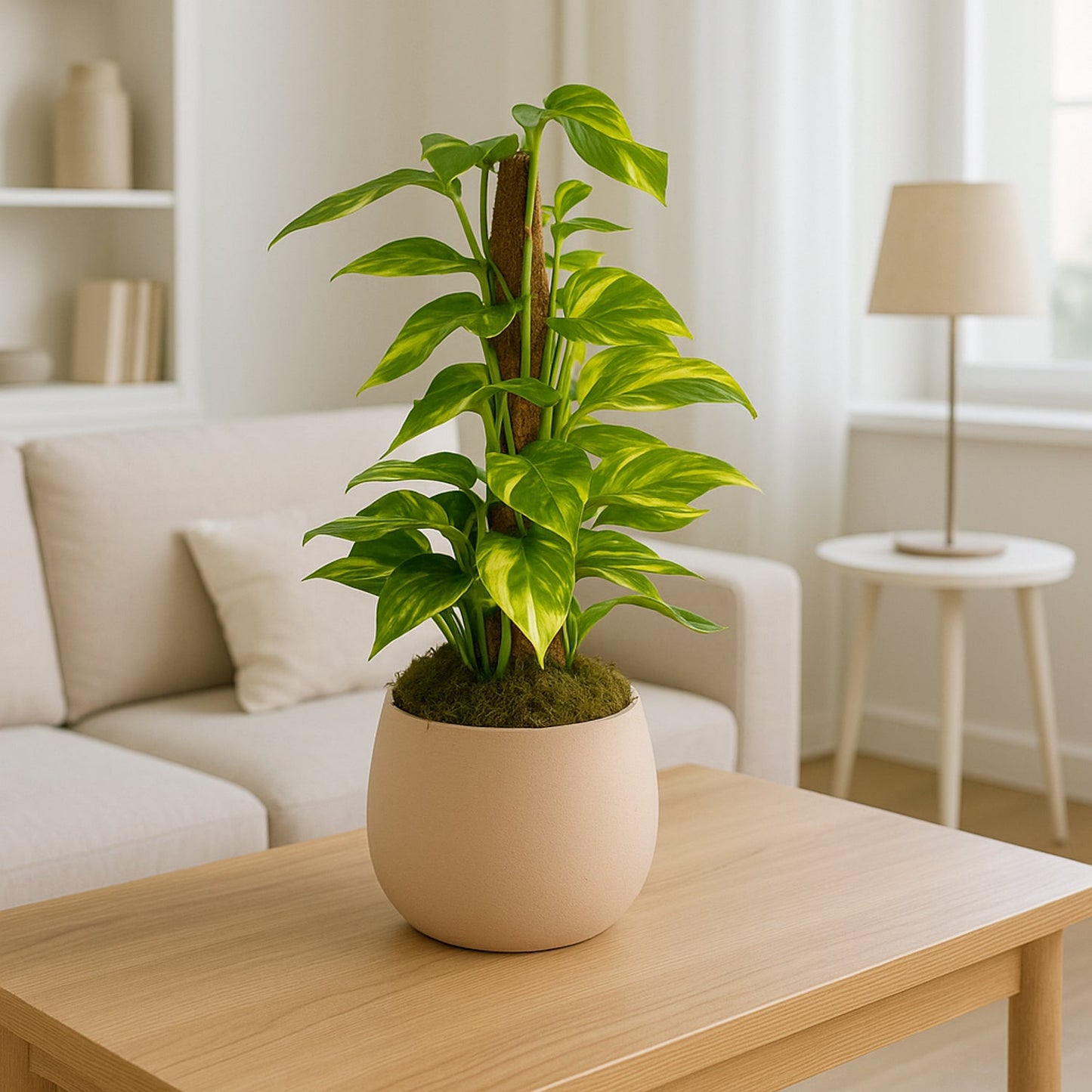 Epipremnum Mosstok 50Cm in Elegant Soft Beige Planter