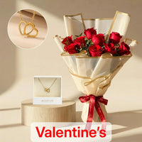 Eternal Rose Bouquet & Gold Interlocking Hearts Necklace Gift Set