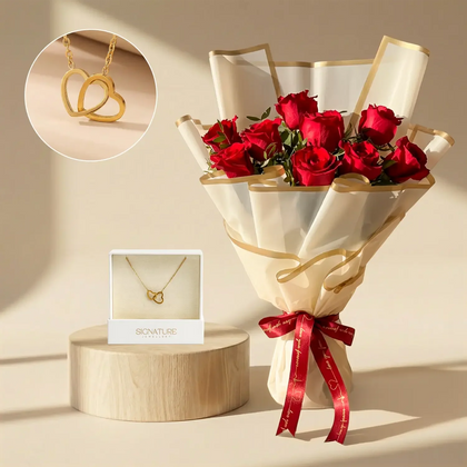 Eternal Rose Bouquet & Gold Interlocking Hearts Necklace Gift Set