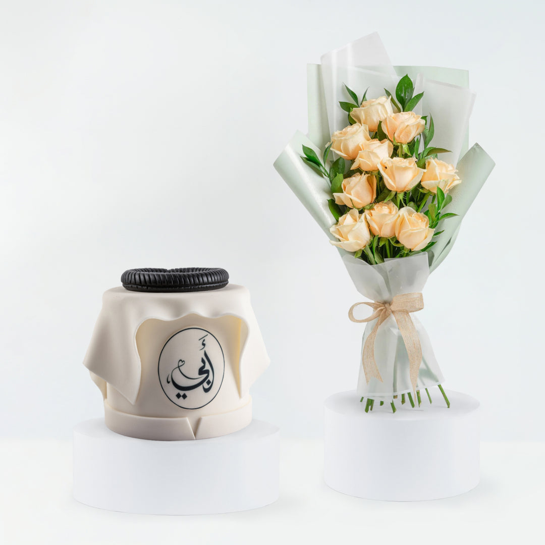 Elegant Father's Day Gift: Peach Roses & Chocolate Cake