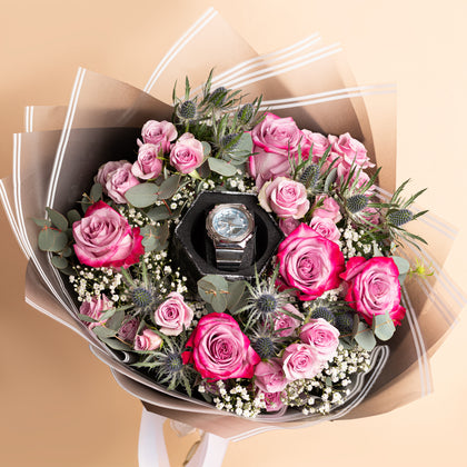 Flower Bouquet With CASIO G-STEEL 2100 Watch For Men