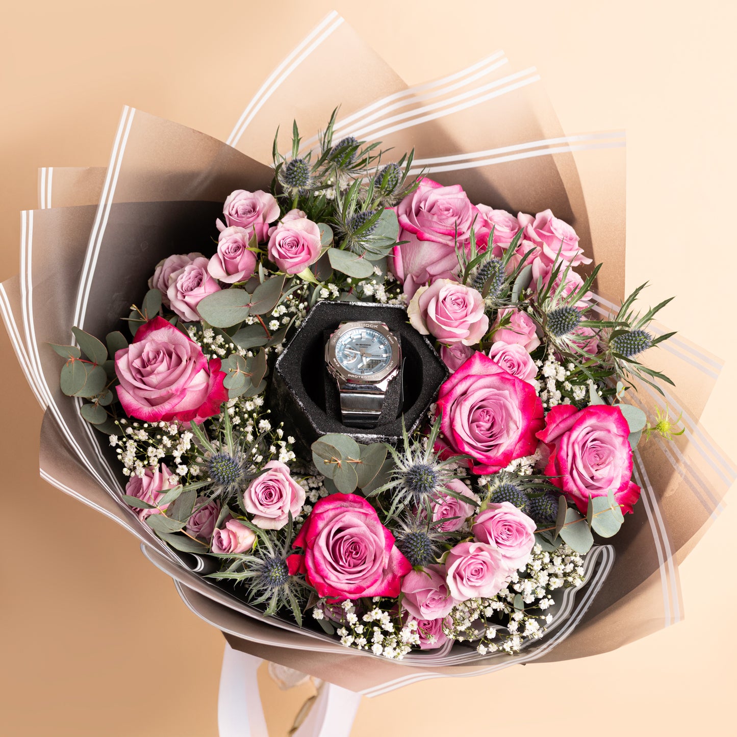 Flower Bouquet With CASIO G-STEEL 2100 Watch For Men