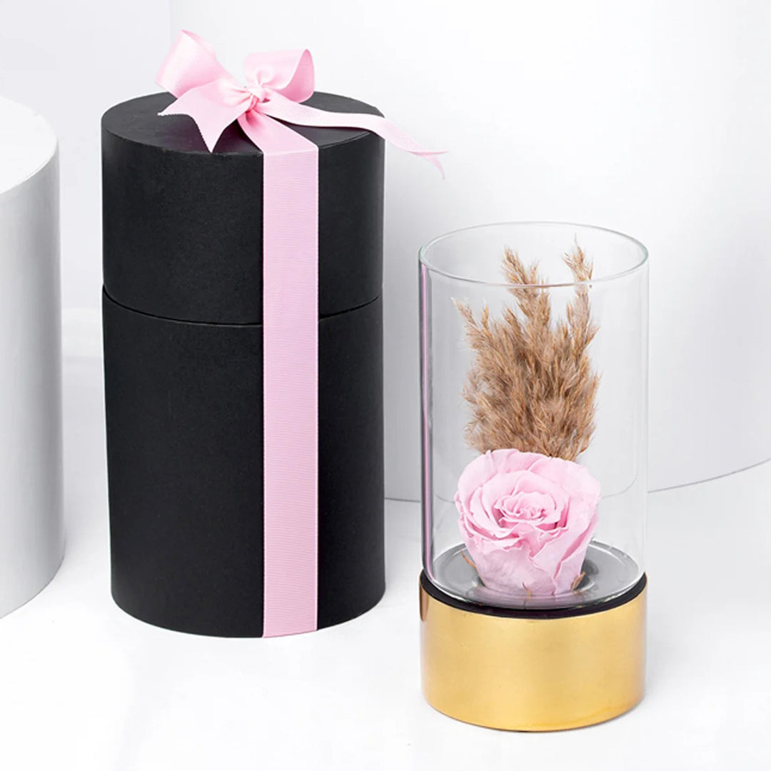 Exquisite Luxury Pink Forever Rose in Elegant Glass Vase