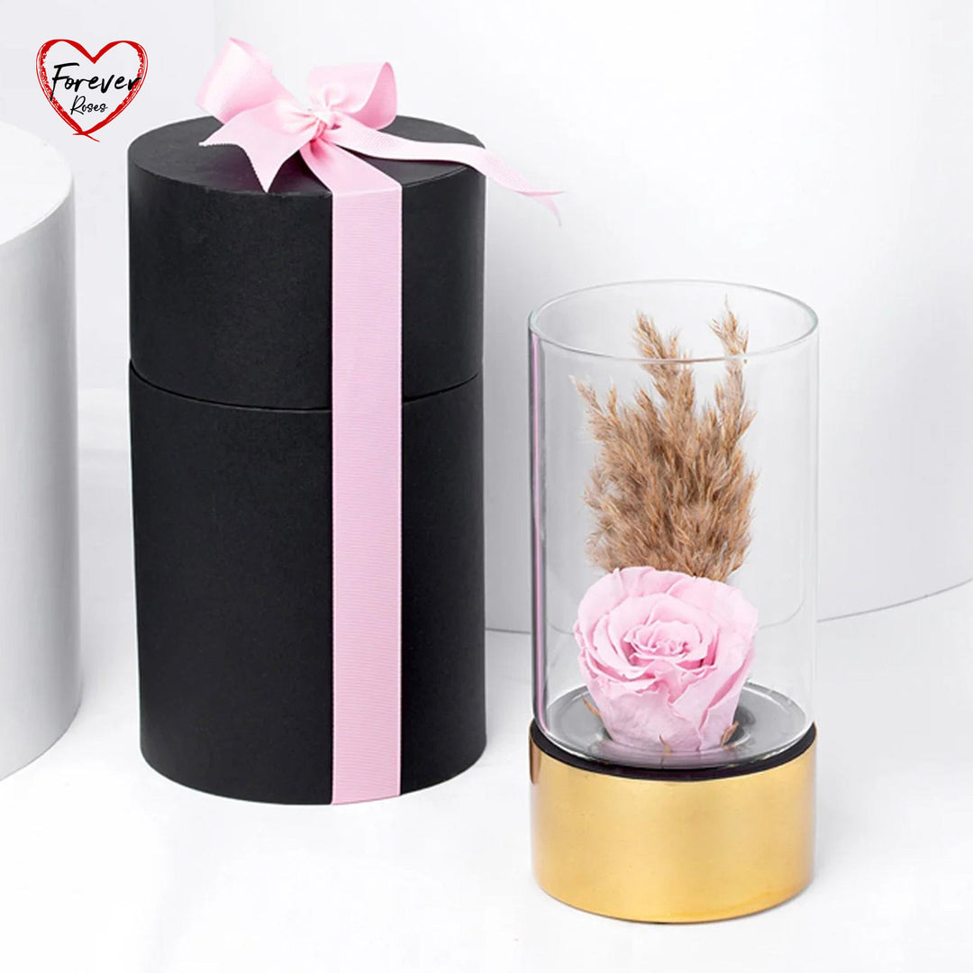 Exquisite Luxury Pink Forever Rose in Elegant Glass Vase