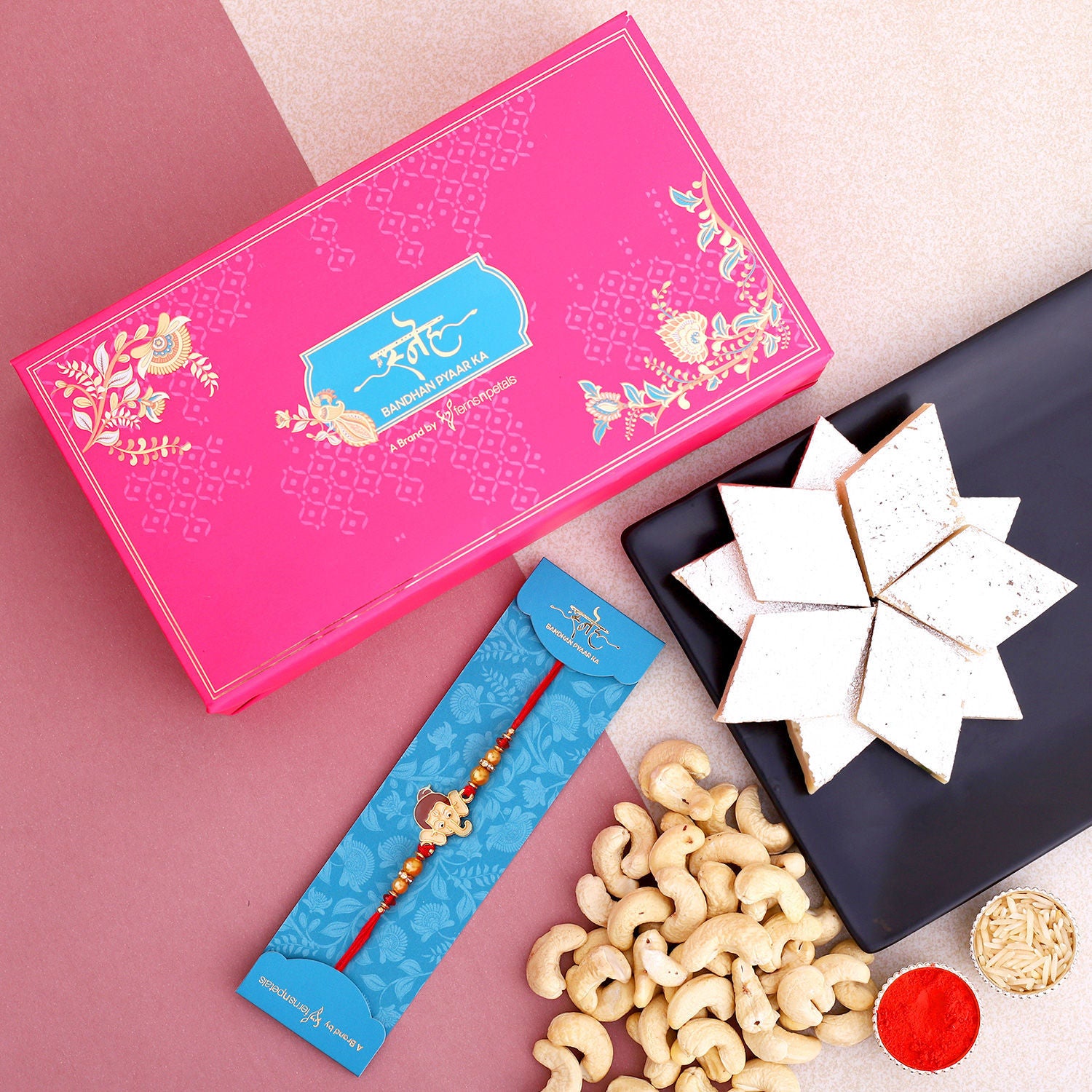 Ganesha Face Kids Rakhi And Cashew With Kaju Katli