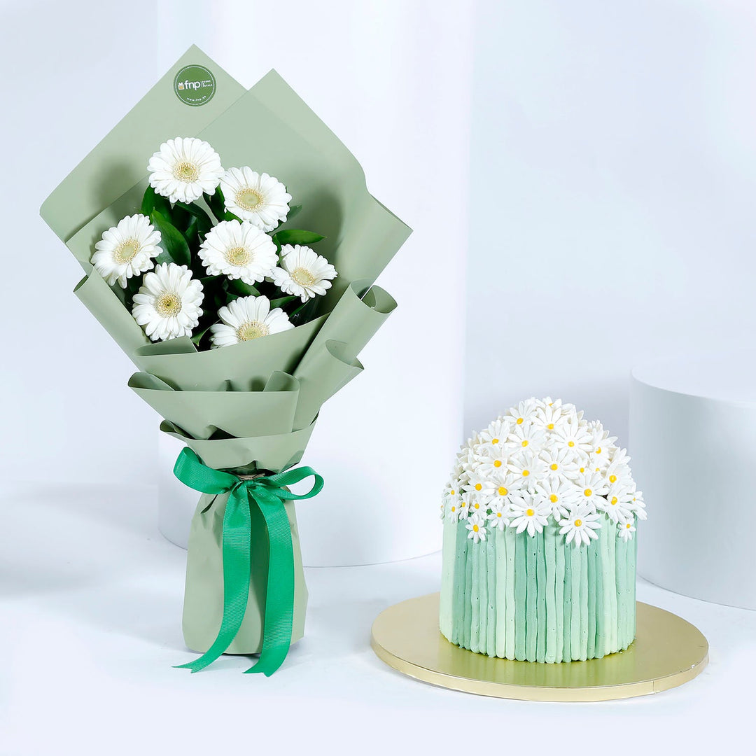 Elegant White Gerbera Bouquet and Chocolate Theme Cake Combo