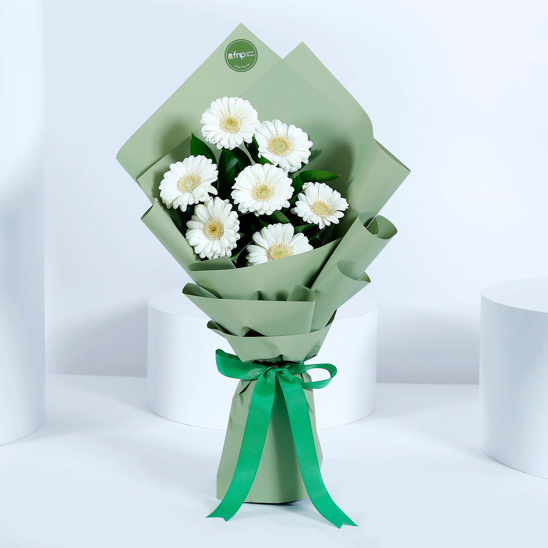 Elegant White Gerbera Bouquet and Chocolate Theme Cake Combo