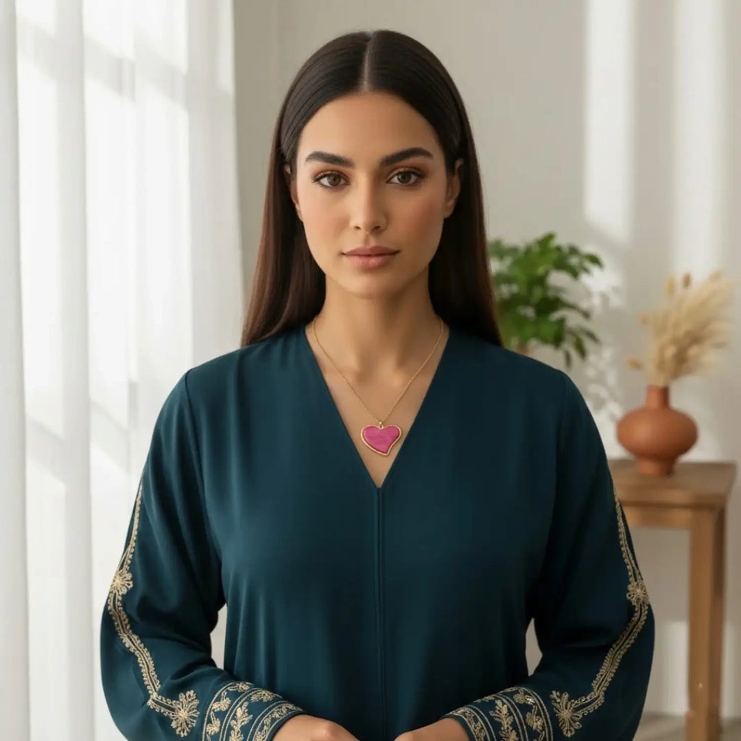 Elegant Glossy Red Heart Pendant Necklace in Gold-Tone Stainless Steel