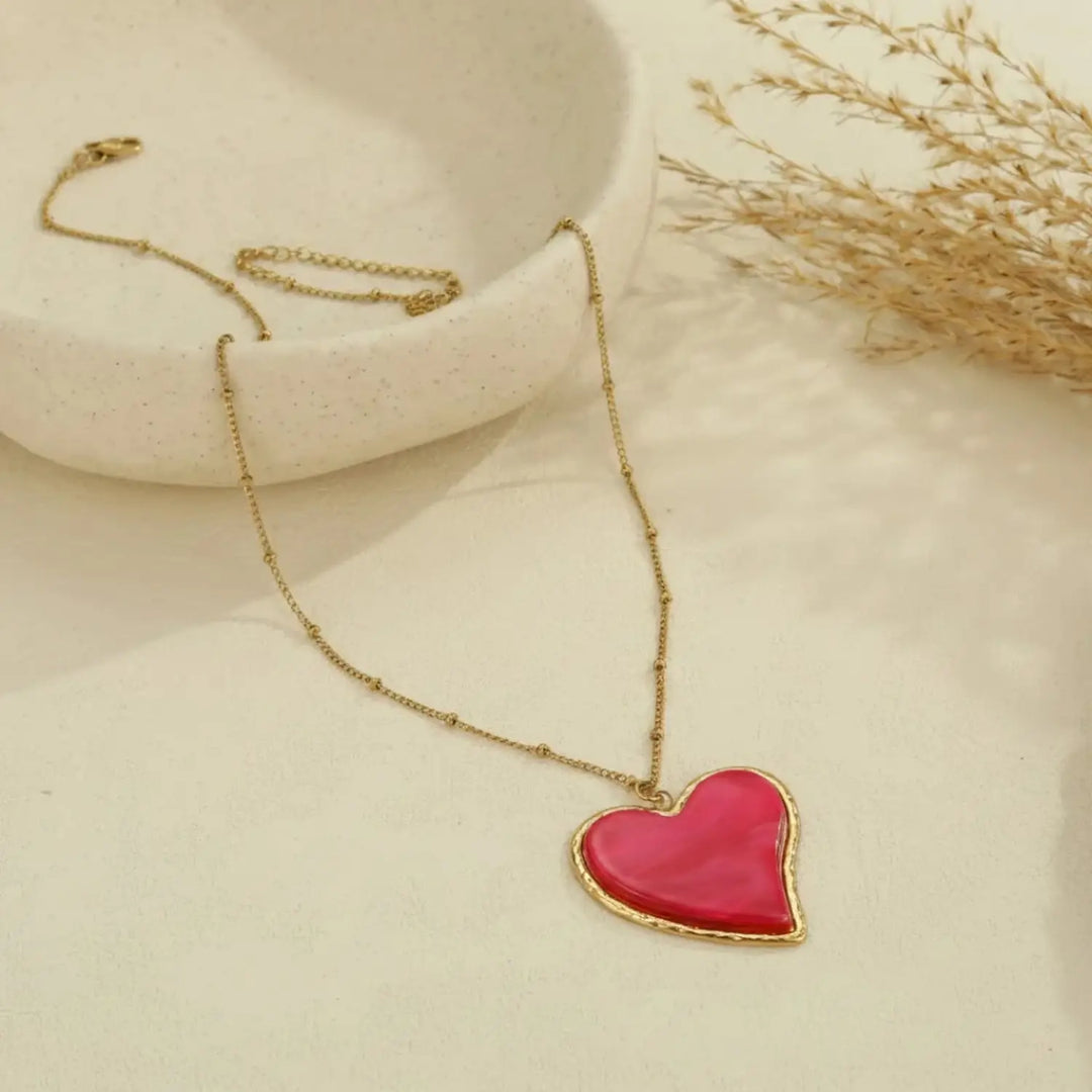 Elegant Glossy Red Heart Pendant Necklace in Gold-Tone Stainless Steel