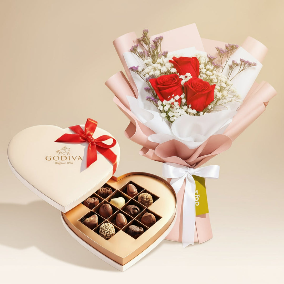 صندوق هدايا غوديفا المخملي البيج الفاخر مع 12 قطعة شوكولاتة وباقة ورود حمراء أنيقة