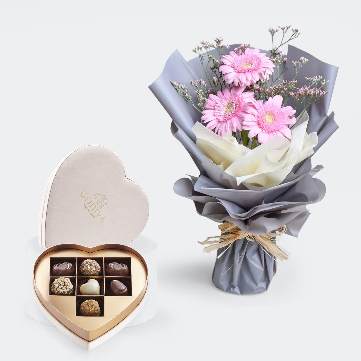 Godiva | Beige Velvet Heart Gift Box - 7 Pieces & Pretty Gerberas Bouquet