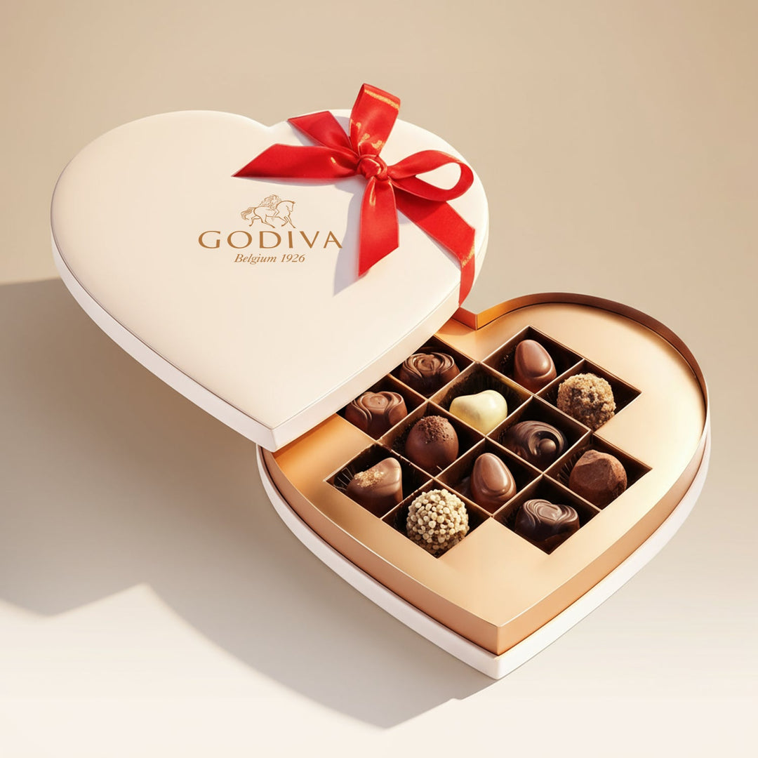 صندوق هدايا غوديفا المخملي البيج الفاخر مع 12 قطعة شوكولاتة وباقة ورود حمراء أنيقة