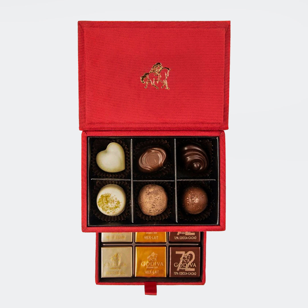 Godiva Mini Royal Box with Red & Scarlet Whisper Bouquet - A Luxurious Gift