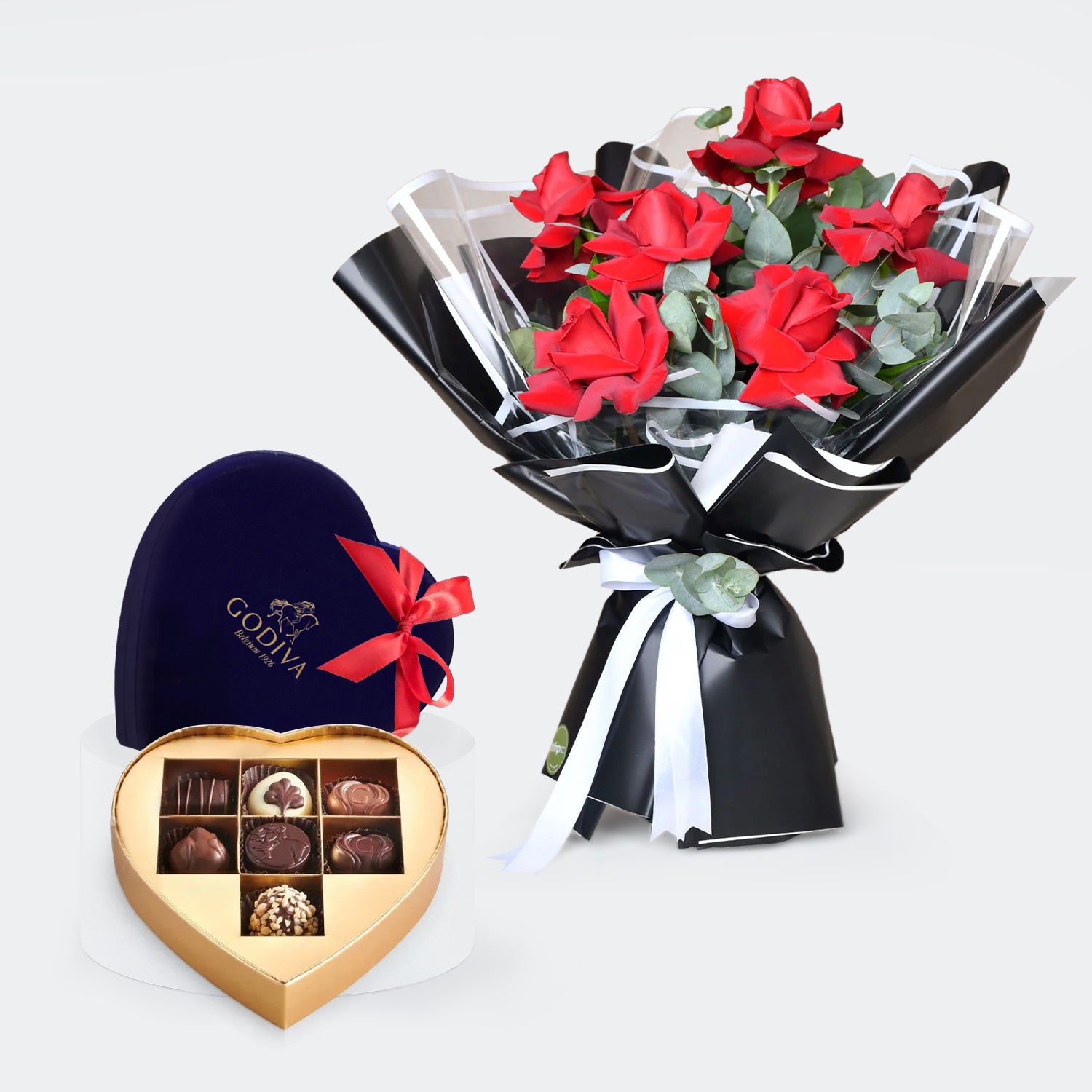 Godiva | Navy Blue Velvet Heart Gift Box - 7 Pieces & Bunch of Beautiful 6 Red Roses