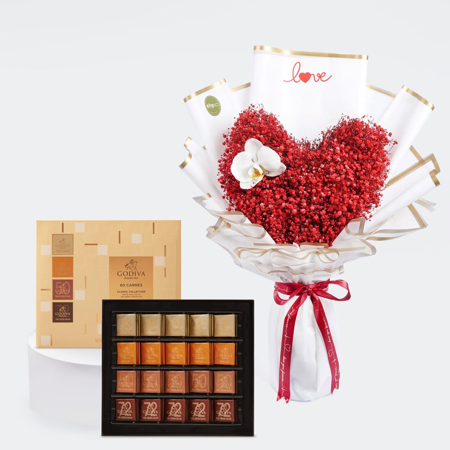 Godiva | PRP Carres Full Range 60 Pcs & Heart on My Sleeve Bouquet